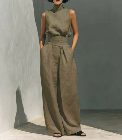 Women's Stand Collar Sleeveless Blouse and Pleated Wide-Leg Trouser Set