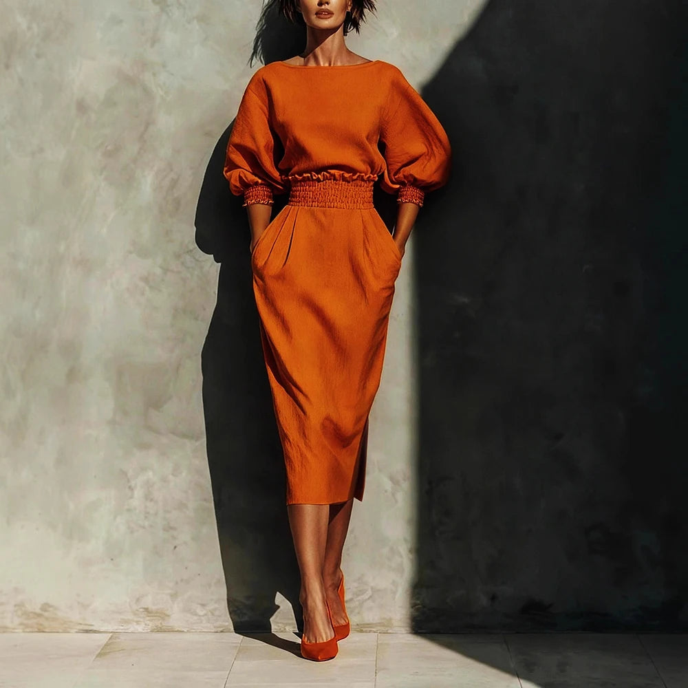 Women's Lantern Sleeve Blouse and Slit Midi Skirt Set