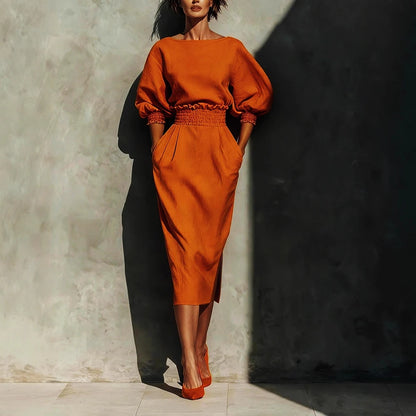 Women's Lantern Sleeve Blouse and Slit Midi Skirt Set