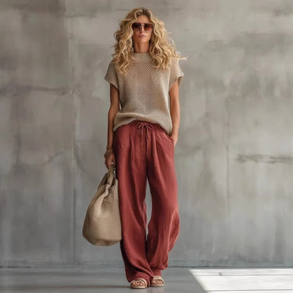 Kadın Keten Kısa Kollu Geniş Paça Bohem Vintage Üst ve Pantolon Takımı