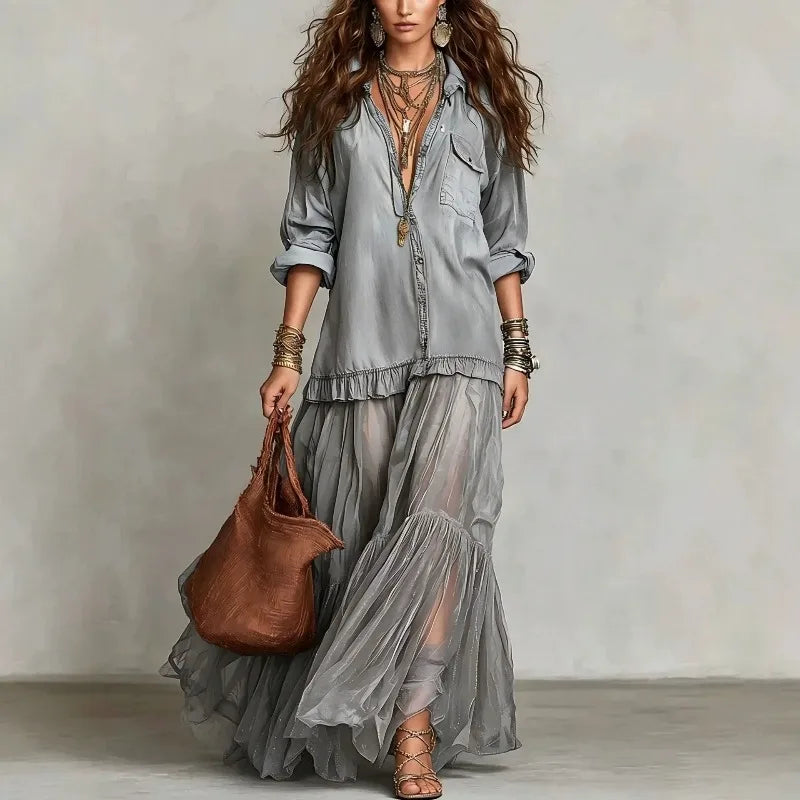 Kadın Denim Uzun Kollu Pileli Fırfır Detaylı Vintage Maxi Elbise