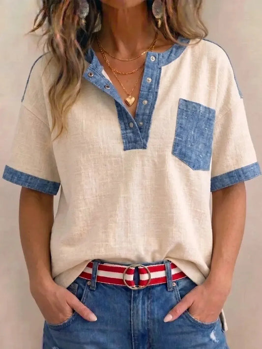 Kadın Denim Kontrast Detaylı Kısa Kollu Düğmeli Cepli Bluz