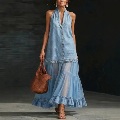 Kadın Denim Örgü Halter Yaka Kolsuz Fırfır Detaylı Maxi Elbise