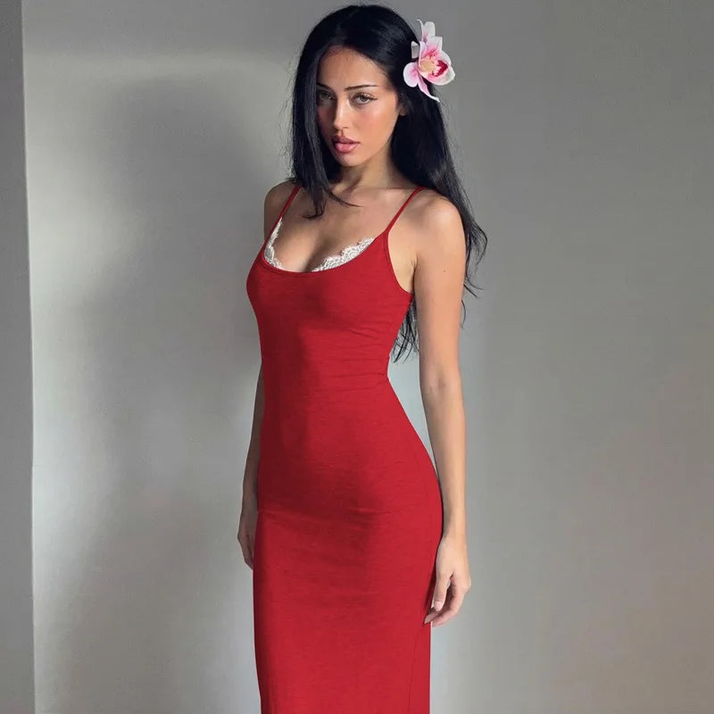 Kadın Tatil Dantel Ince askılı Kolsuz Dar Kesim Maxi Elbise