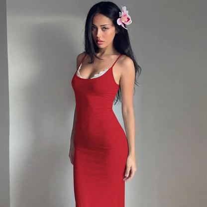 Kadın Tatil Dantel Ince askılı Kolsuz Dar Kesim Maxi Elbise