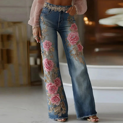 Kadın Denim Çiçek Desenli Yüksek Bel Cepli Retro Pantolon