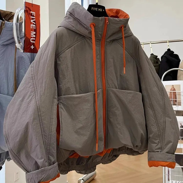 Gri turuncu detaylı kapüşonlu kışlık çocuk parka mont