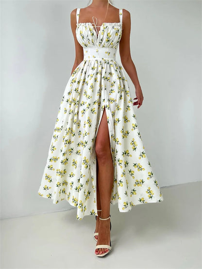 Kadın Tatil Dantel Yırtmaçlı Korse detaylı Çiçek desenli Maxi Elbise