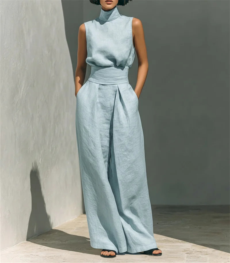 Women's Stand Collar Sleeveless Blouse and Pleated Wide-Leg Trouser Set