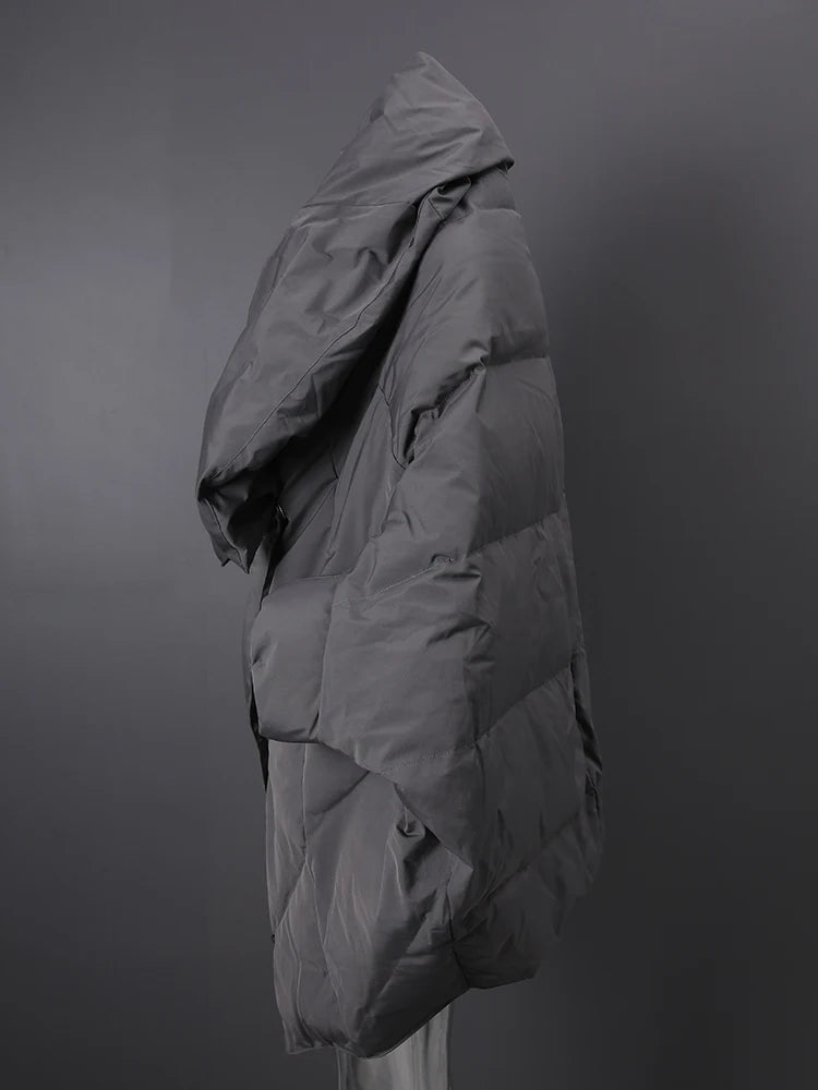 Kadın Gri Yarasa Kollu Şişme Mont – Kaz Tüyü Dolgulu, Oversize Büyük Beden Parka