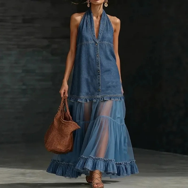 Kadın Denim Örgü Halter Yaka Kolsuz Fırfır Detaylı Maxi Elbise