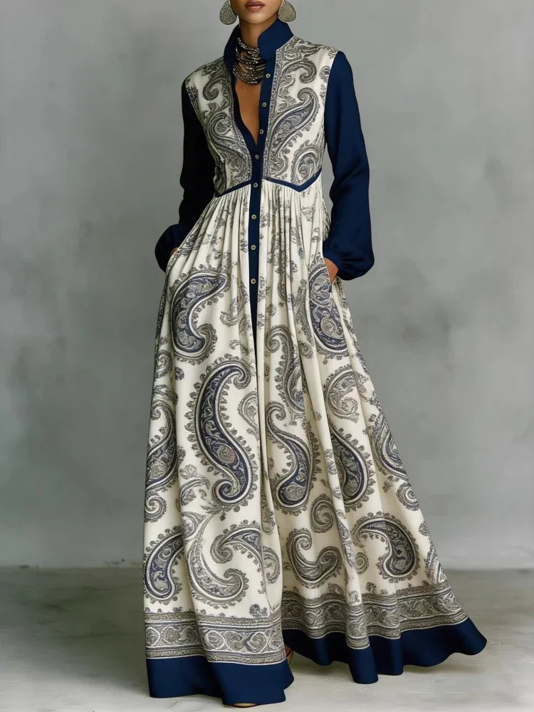 Kadın Vintage Askılı Uzun Kollu Desenli Maxi Davet Elbisesi
