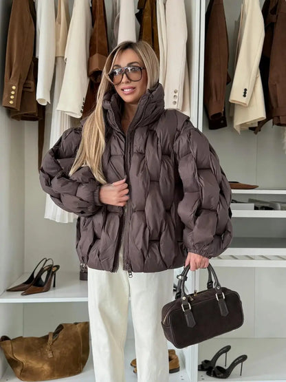 Oversize Şişme Desenli Kapüşonlu Kadın Puf Mont