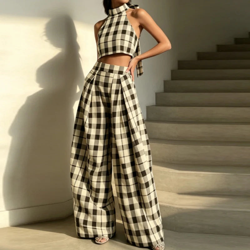 Women's Plaid Sleeveless Crop Top and Wide Leg Trouser Set