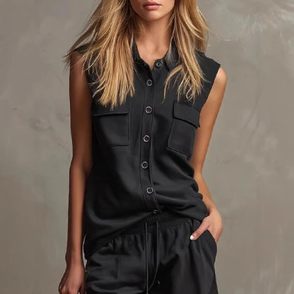 Kadın Kolsuz Yüksek Bel Geniş Paça Düğmeli Vintage Üst ve Pantolon Takımı