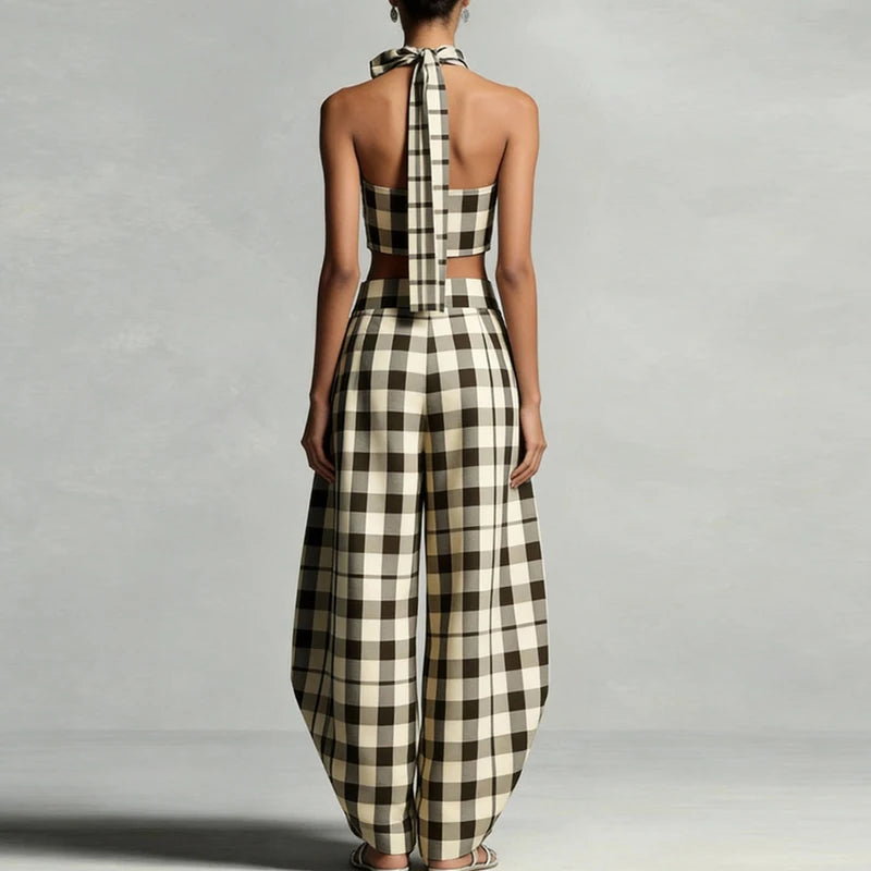 Women's Plaid Sleeveless Crop Top and Wide Leg Trouser Set