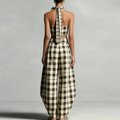 Women's Plaid Sleeveless Crop Top and Wide Leg Trouser Set