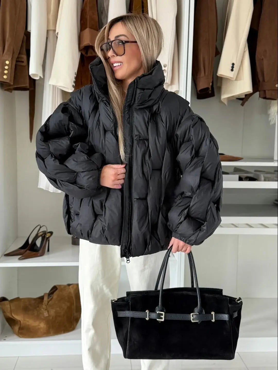 Oversize Şişme Desenli Kapüşonlu Kadın Puf Mont