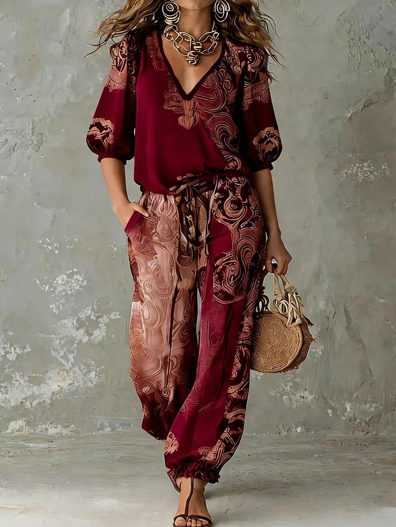 Kadın Desenli V Yaka Bohem Vintage Üst ve Pantolon Takımı