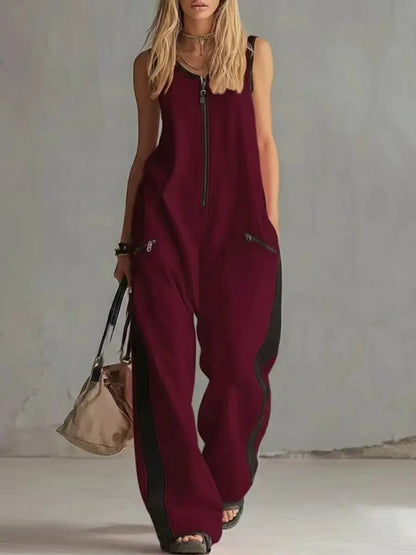 Kadın Kolsuz Geniş Paça Rahat Kesim Fermuarlı Vintage Tulum