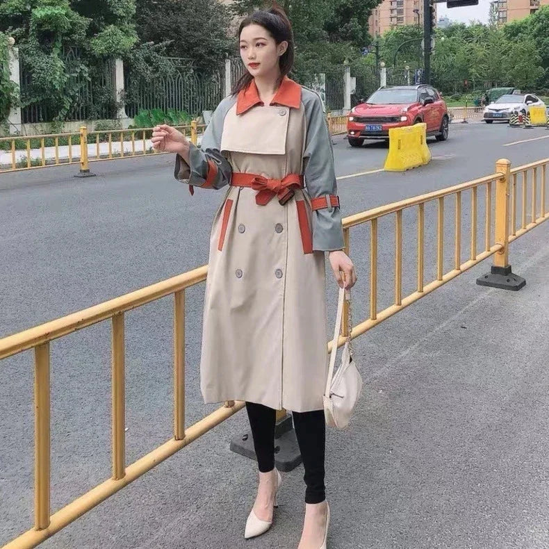 Kadın Kontrast Renkli Trençkot – Çift Düğmeli, Kuşaklı, Renk Bloklu Uzun ve Kısa Model