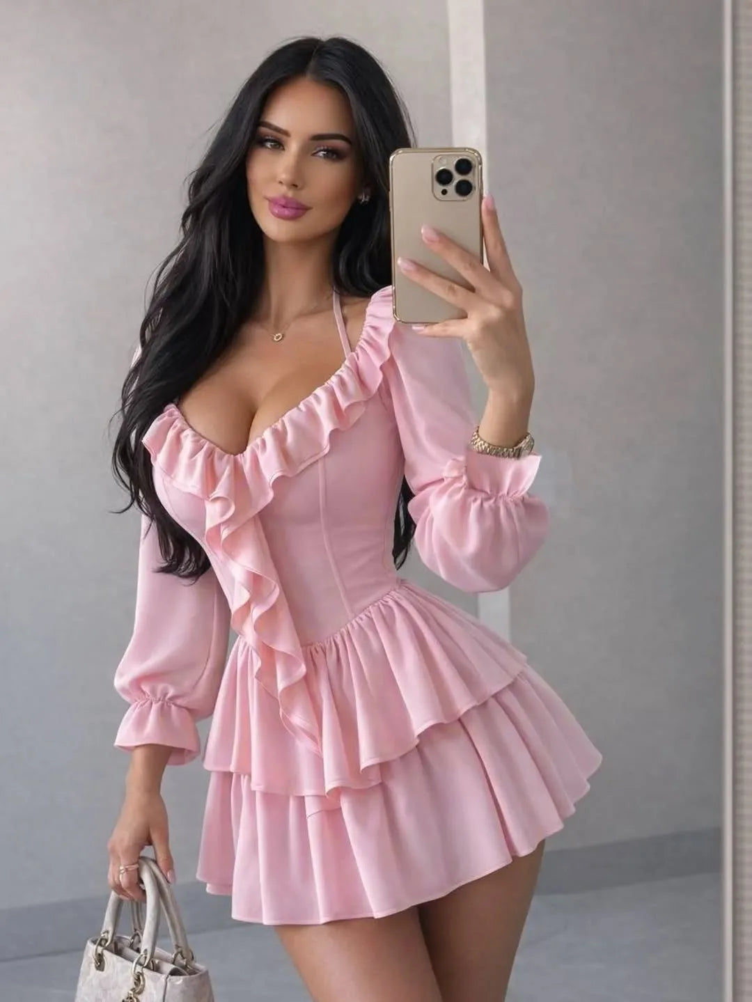 Kadın Tatil Sırt dekolteli Fırfırlı Pileli Mini Elbise
