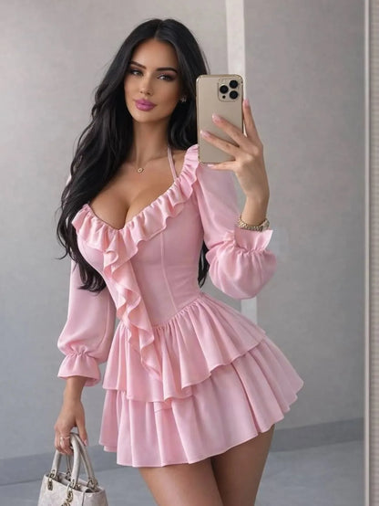 Kadın Tatil Sırt dekolteli Fırfırlı Pileli Mini Elbise