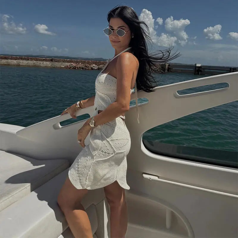 Kadın Tatil Sırt dekolteli Omuz açık Bağcıklı Tığ işi örgü Elbise