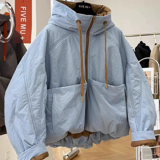 Açık mavi kapüşonlu kışlık çocuk parka mont