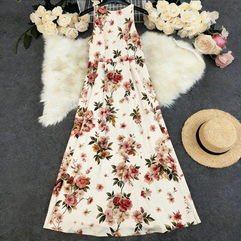 Kadın Çiçek Desenli Kolsuz Yüksek Bel Vintage Davet Elbisesi