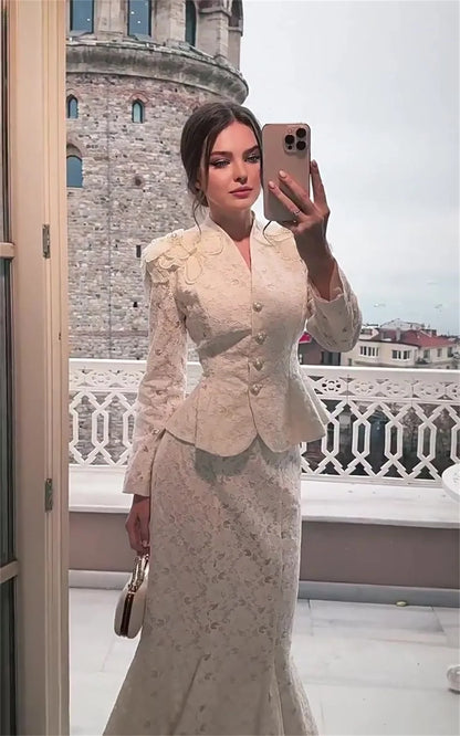Kadın Davet Dantel V yaka Balık Kesim Etekli İkili Takım