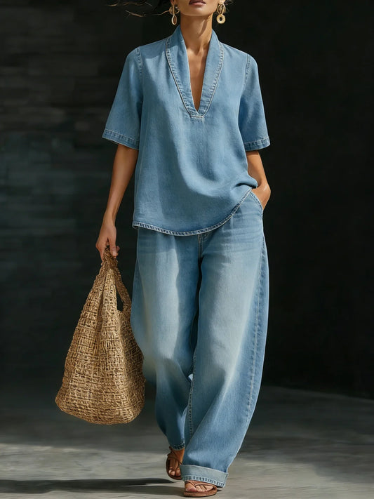 Kadın Denim V Yaka Kısa Kollu Geniş Paça Cepli Üst ve Pantolon Takımı