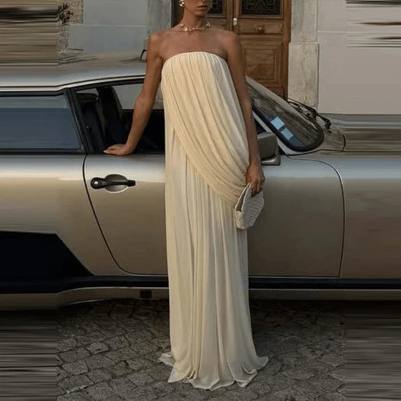 Kadın Kolsuz Yüksek Bel Drapeli Davet Elbisesi