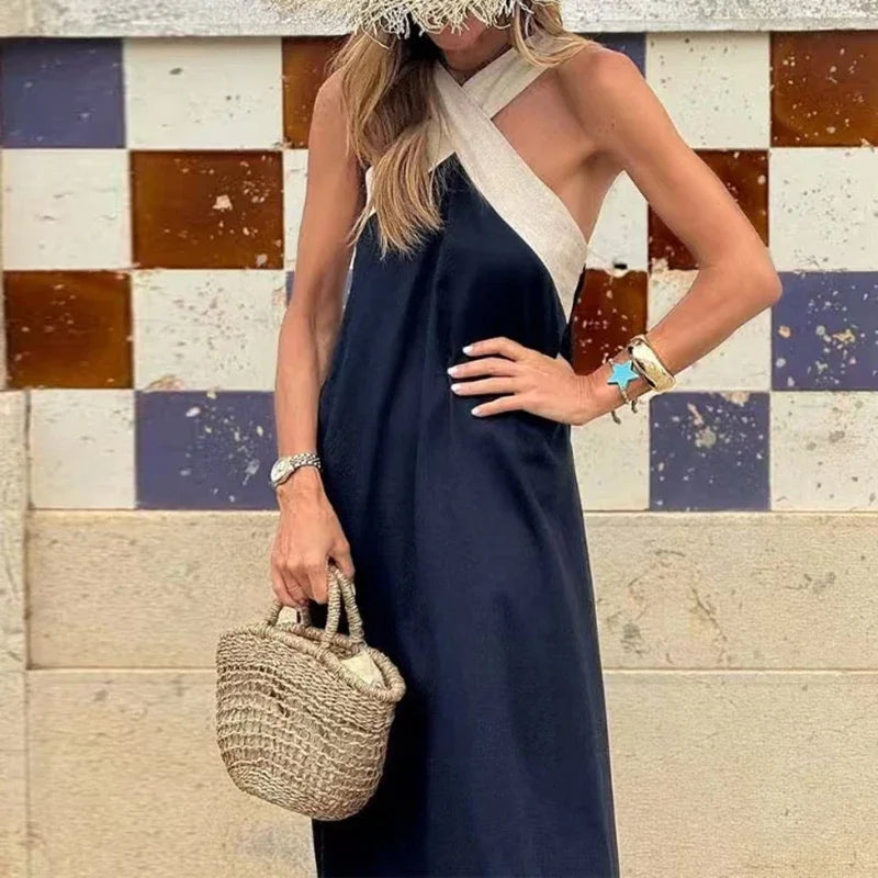 Kadın Ajurlu Halter Yaka Sırt Dekolteli Kolsuz Tatil Davet Elbisesi