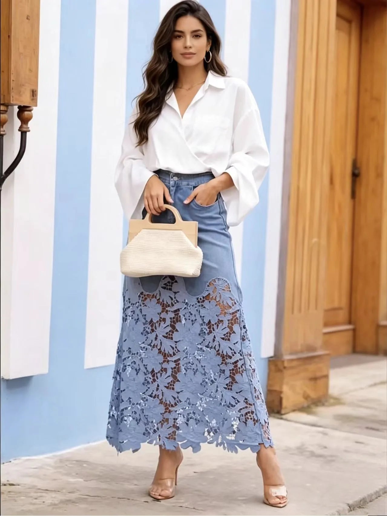 Kadın Dantel Detaylı Denim Düz Renk Yüksek Bel Vintage Etek
