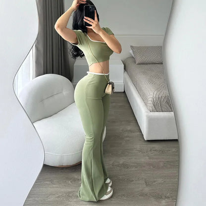 Kadın Günlük Kare yaka Geniş Paça Pantolonlu İkili Takım