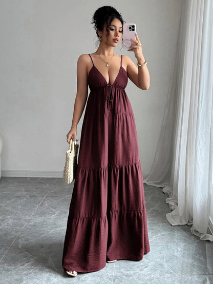 Kadın Tatil Sırt dekolteli Ince askılı Kolsuz V yaka Maxi Elbise