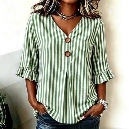 Kadın Çizgili Kontrast Detaylı V Yaka Kısa Kollu Fırfır Detaylı Gömlek