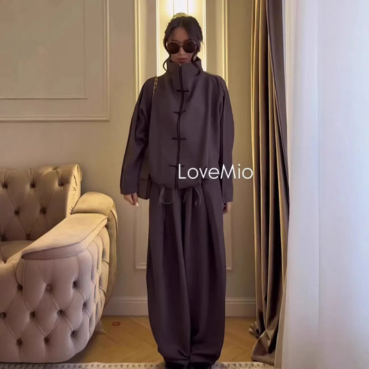 Women's Long Sleeve Stand Collar Cardigan and Wide-Leg Trouser Two-Piece Set