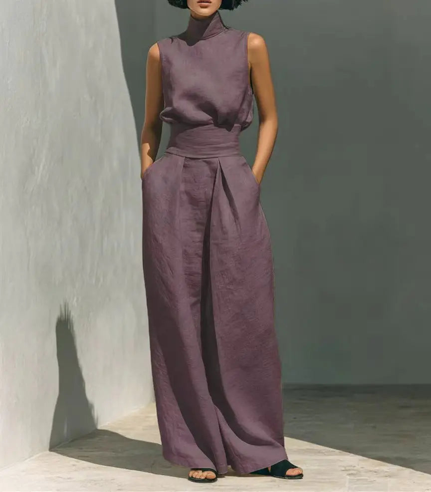 Women's Stand Collar Sleeveless Blouse and Pleated Wide-Leg Trouser Set