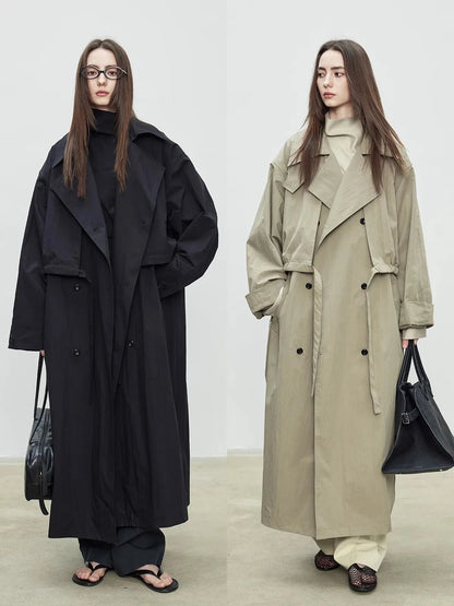 Kadın Oversize Uzun Trençkot – Çift Düğmeli, Bol Kesim Klasik Kaban