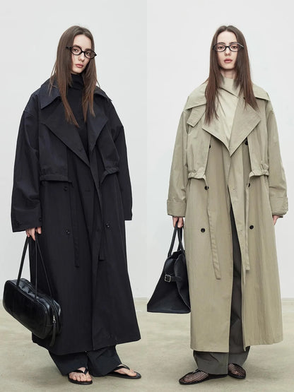 Kadın Oversize Uzun Trençkot – Çift Düğmeli, Bol Kesim Klasik Kaban