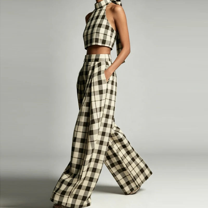 Women's Plaid Sleeveless Crop Top and Wide Leg Trouser Set