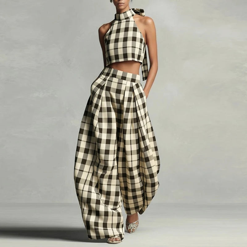 Women's Plaid Sleeveless Crop Top and Wide Leg Trouser Set