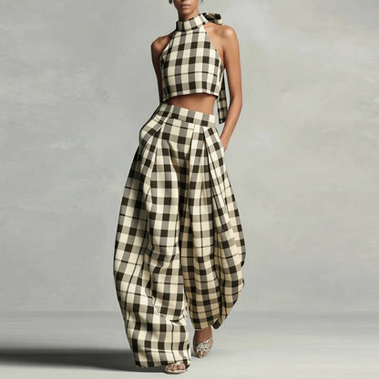 Women's Plaid Sleeveless Crop Top and Wide Leg Trouser Set