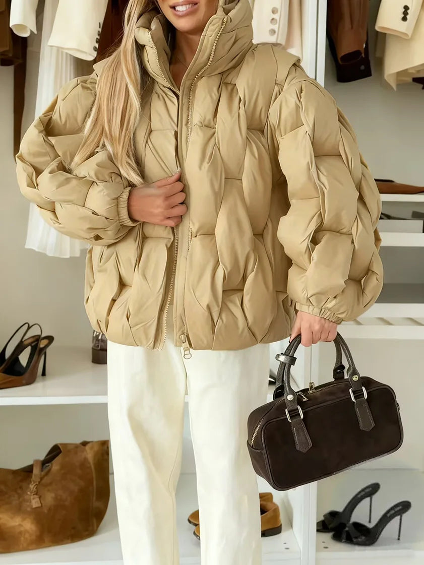 Oversize Şişme Desenli Kapüşonlu Kadın Puf Mont