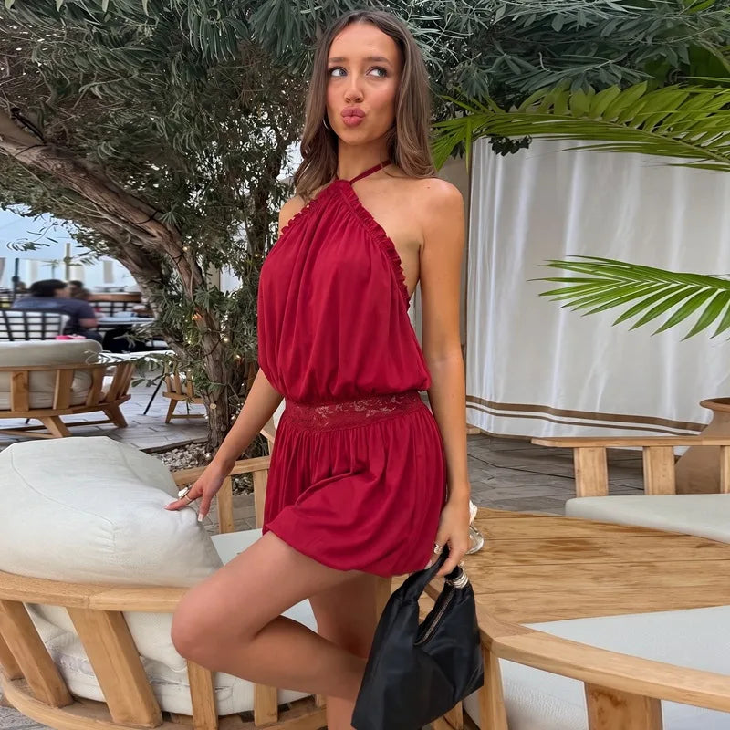 Kadın Tatil Dantel Sırt dekolteli Boyundan bağlamalı Dar Kesim Mini Elbise