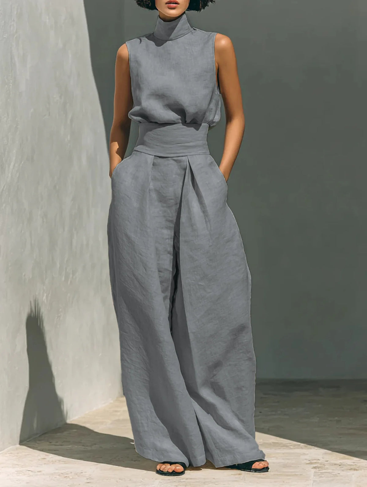 Women's Stand Collar Sleeveless Blouse and Pleated Wide-Leg Trouser Set