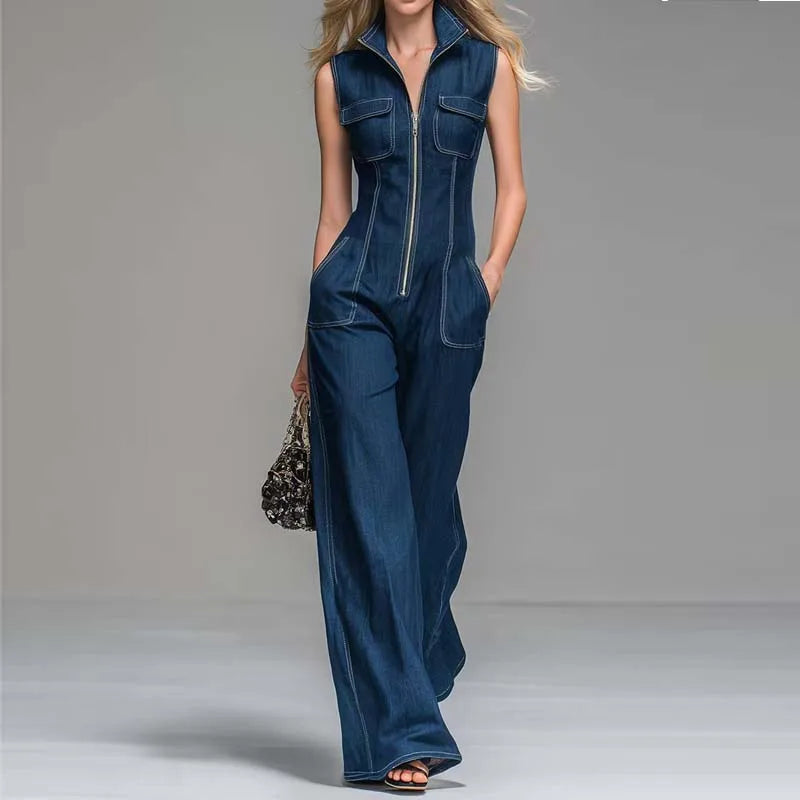 Kadın Denim Kolsuz Yüksek Bel Geniş Paça Fermuarlı Tulum