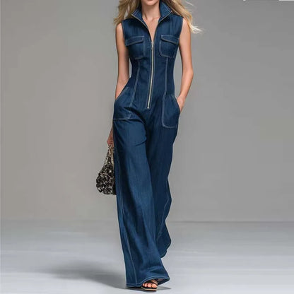 Kadın Denim Kolsuz Yüksek Bel Geniş Paça Fermuarlı Tulum